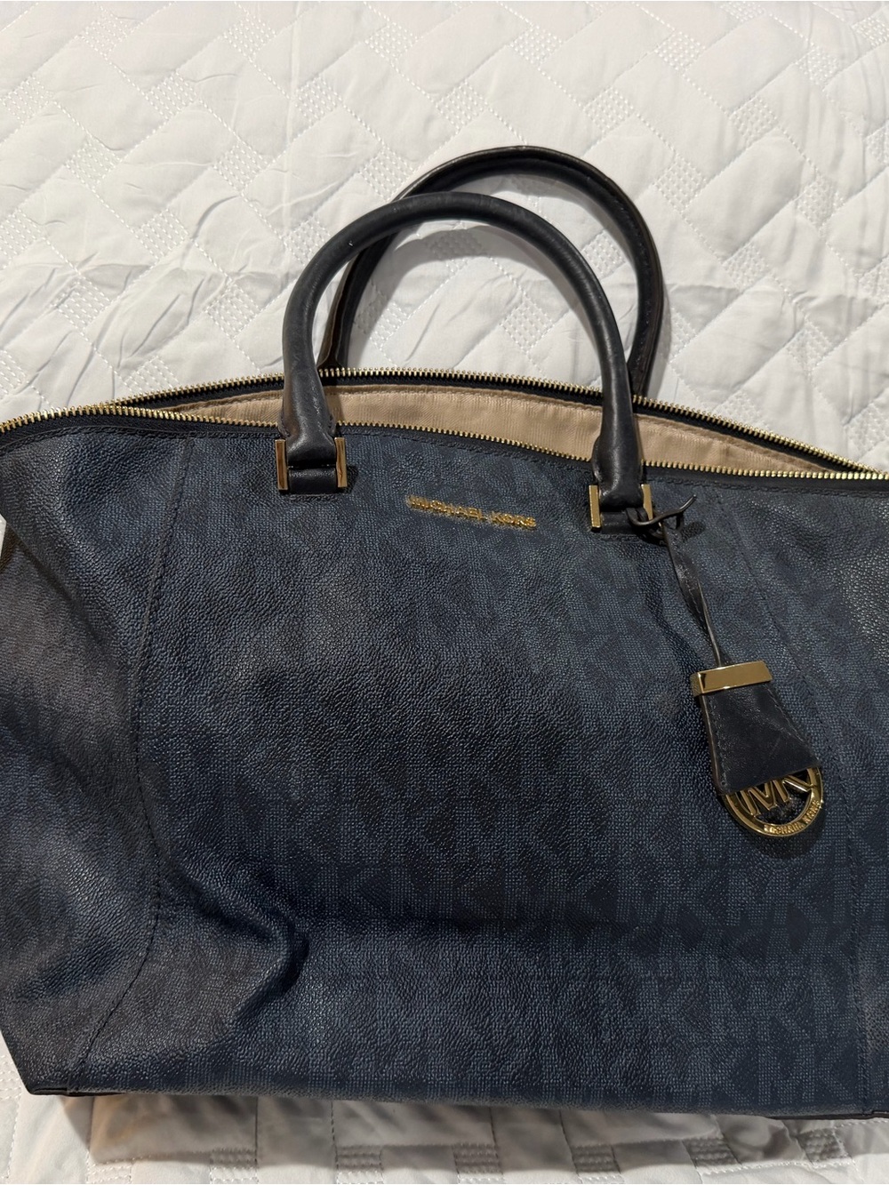 Michael Kors Navy MK Monogram Laptop Tote with Gold Hardware